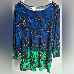 Christopher & Banks Size XL Blue and Green with Black & White Floral Tunic